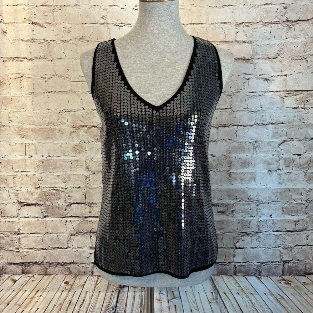 Sioni Black Sequin Sleeveless Tank Top Blouse V-Neck Sweater Knit Small NWT